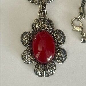 Elegant New Silver and Red Pendant Necklace